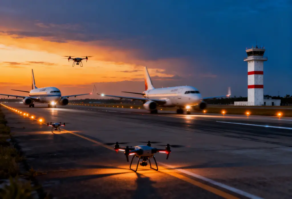 Dusk airport runway scene with passenger airliners