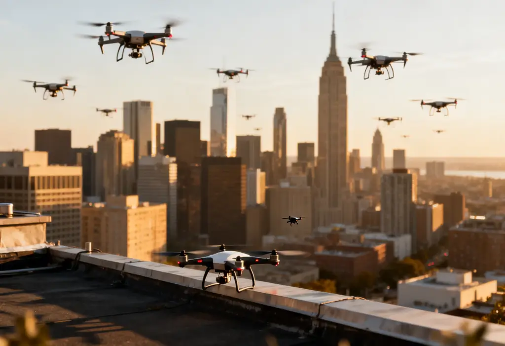 Urban skyline with multiple drones