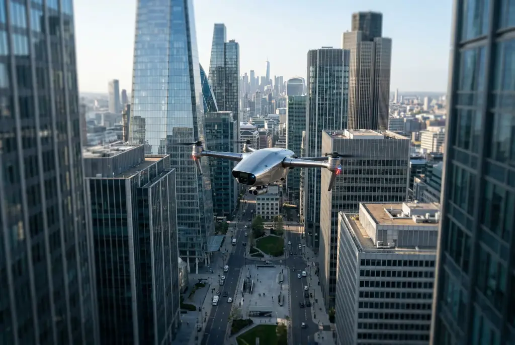 Urban skyline with quadcopter