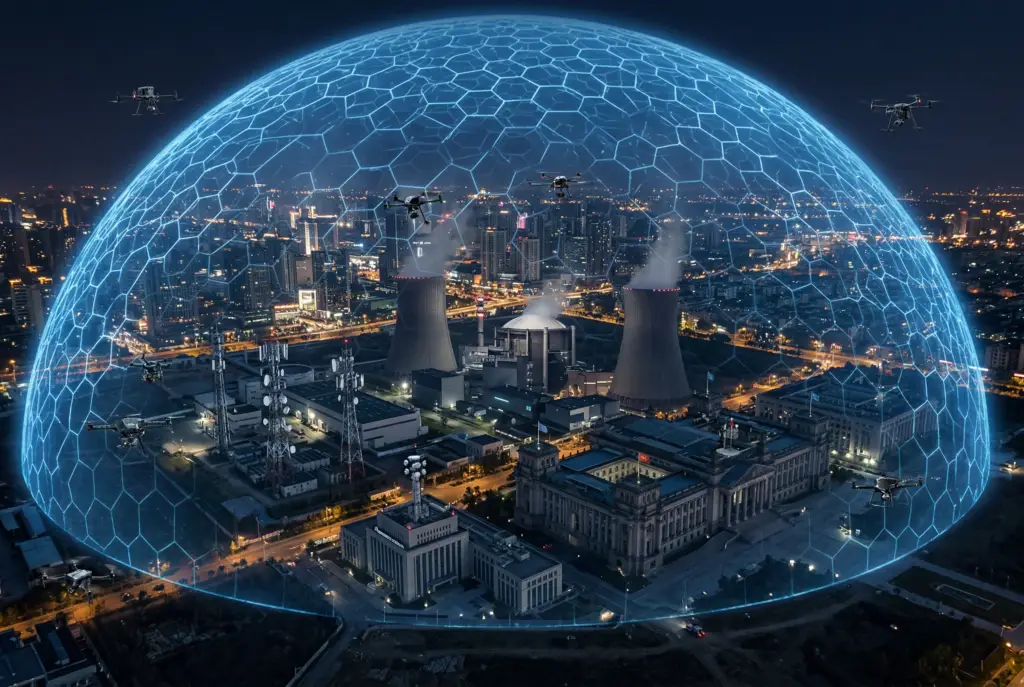 Aerial view of a modern city with Indrajaal Dome