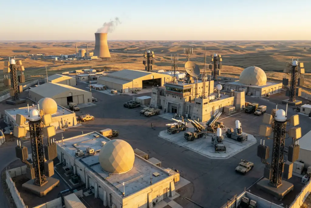 Aerial view of military base secured by anti drone system