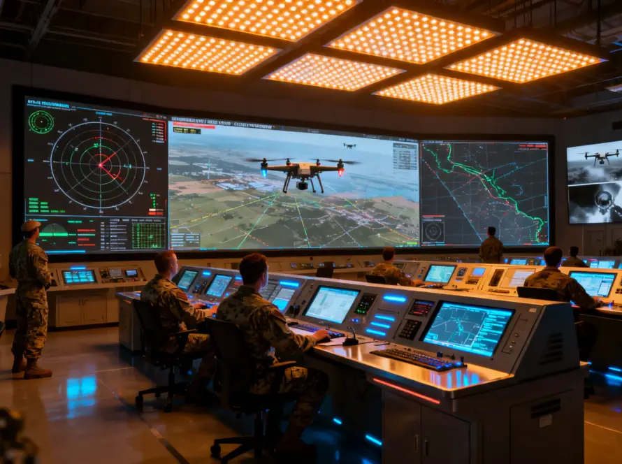Military command center displaying drone