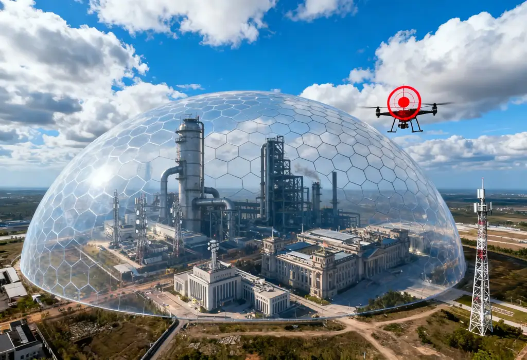 Oil refinery site protected by Indrajaal drone defense dome