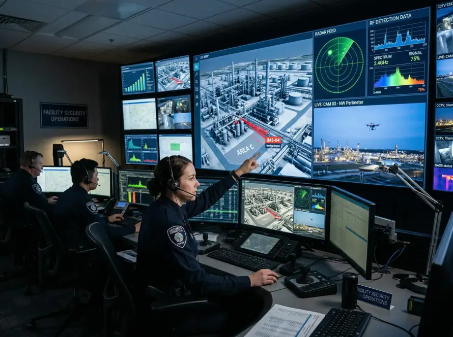 Industrial security command room with operators