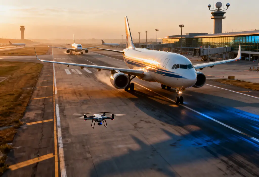 Drone targeted by airport security near terminal at dusk, illustrating counter-drone defense.