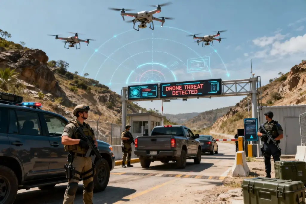 Border security checkpoint with aerial drone threat overlay.