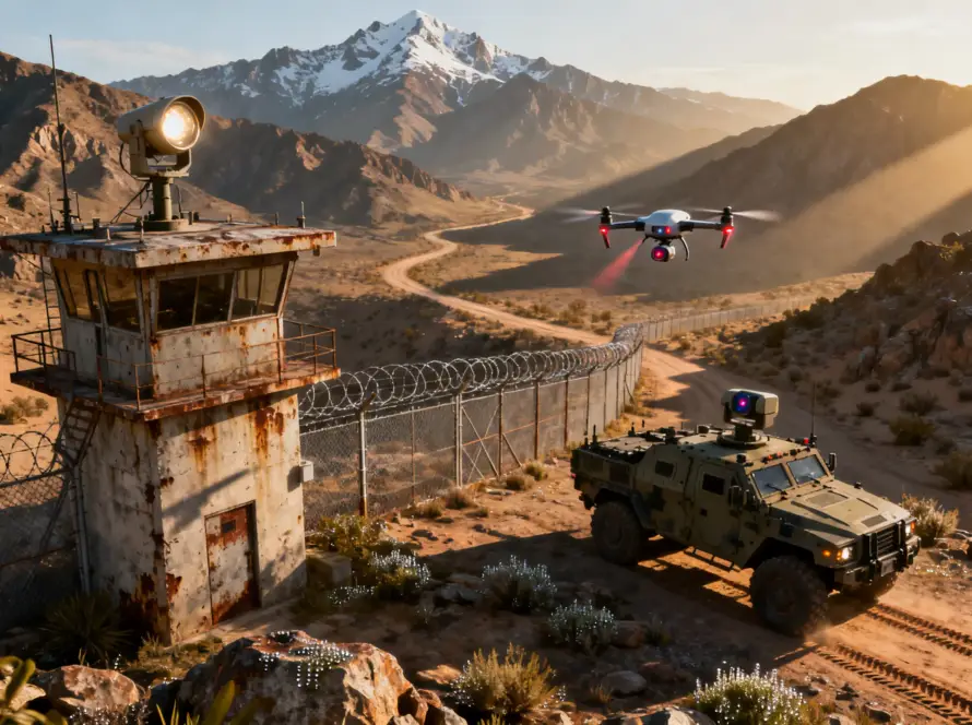 Drones detected and tracked by defense system over a protected cityscape.