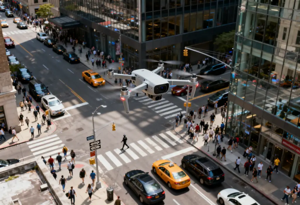 scene of a small surveillance drone over a busy street 