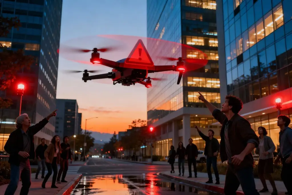Rogue drone threatening urban security.