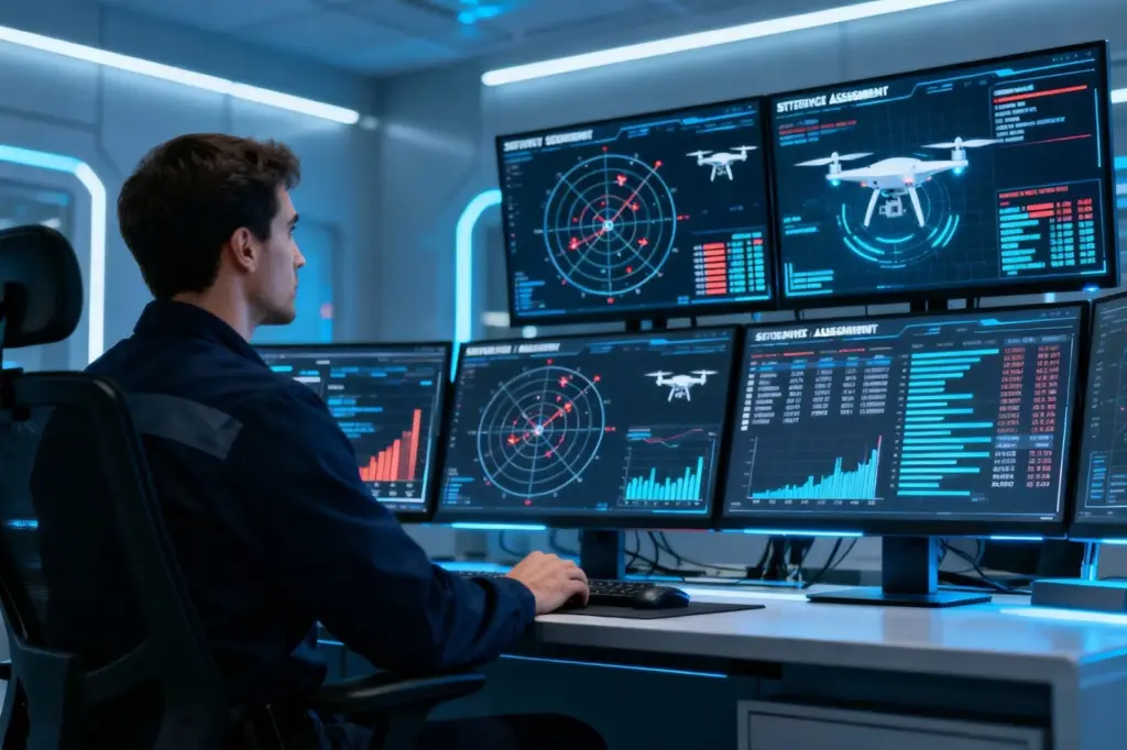 Security operator analyzing drone threat data