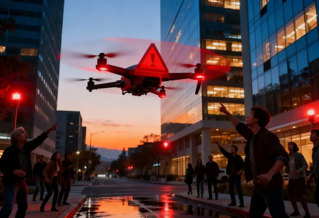 A drone with a red warning symbol hovers in the ai