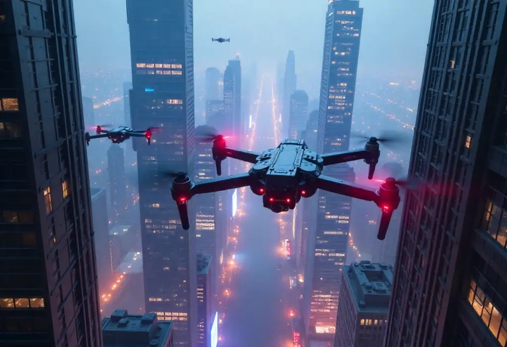 A drone swarm navigating through skyscrapers