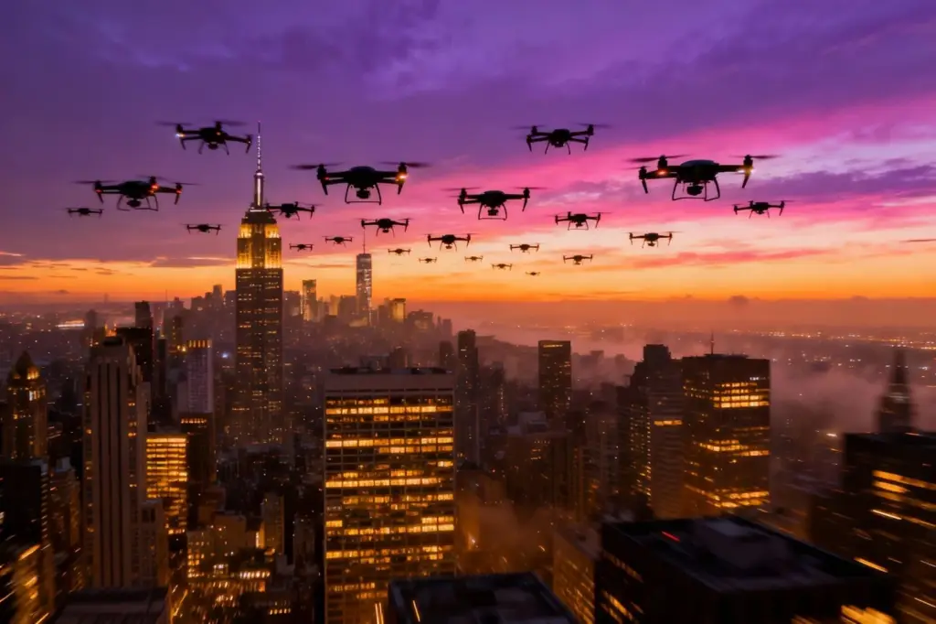 Drone swarm moving over a dense urban skyline