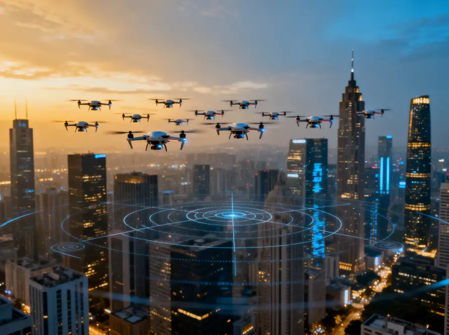 Multiple drones flying towards city