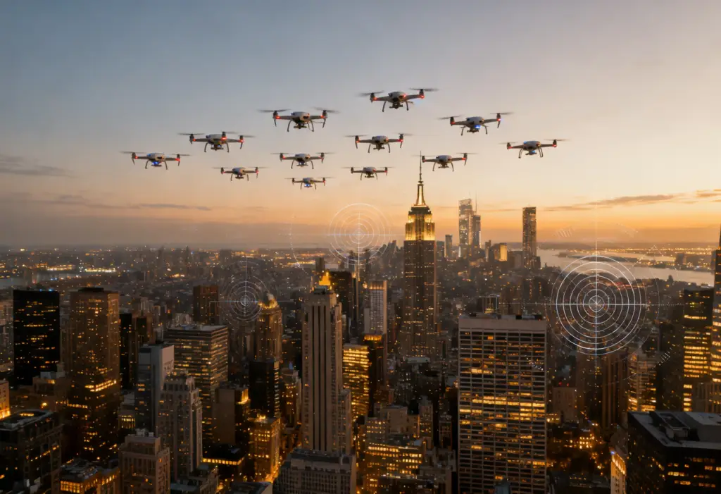 Dozens of small drones flying over city