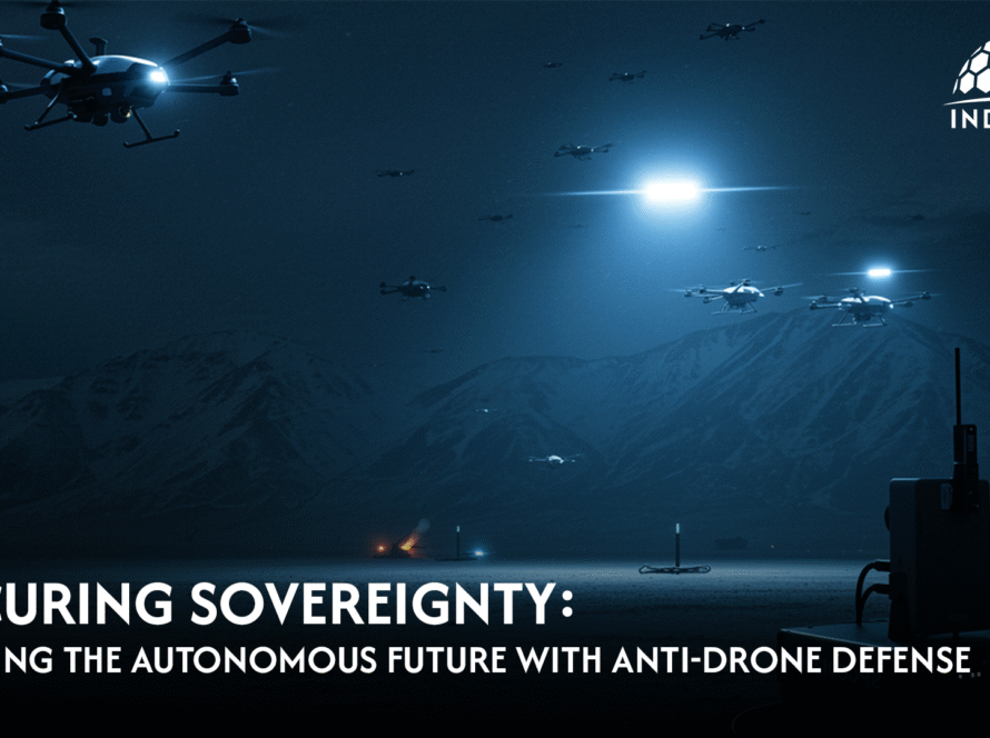 Indrajaal anti-drone defense system intercepting drones at night in mountainous terrain.