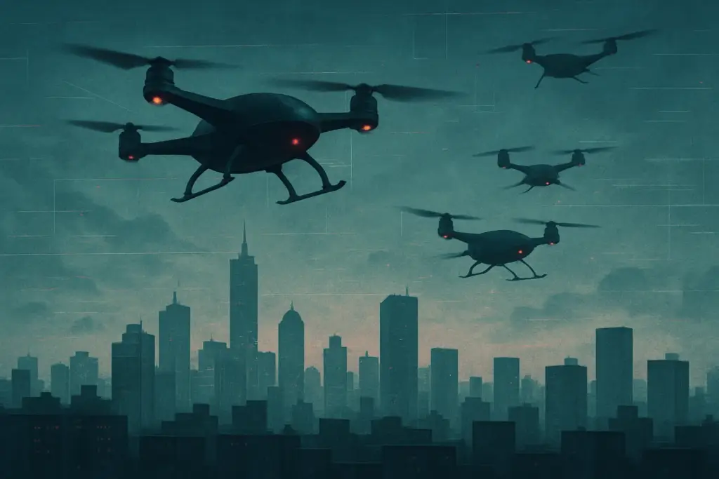 illustration of silent drone threats approaching urban areas