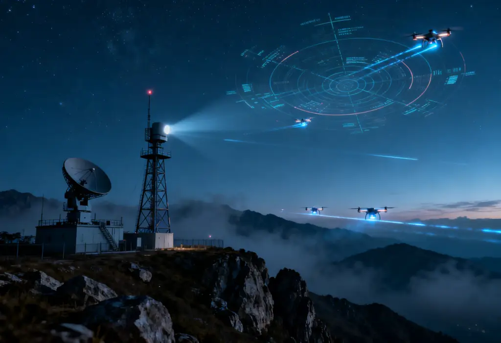 Nighttime scene of advanced anti drone system