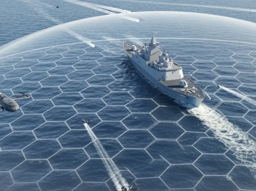 Warship surrounded by protective counter-drone shield over the ocean.
