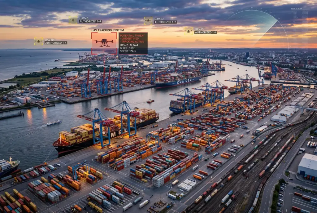 Aerial view of a busy international port