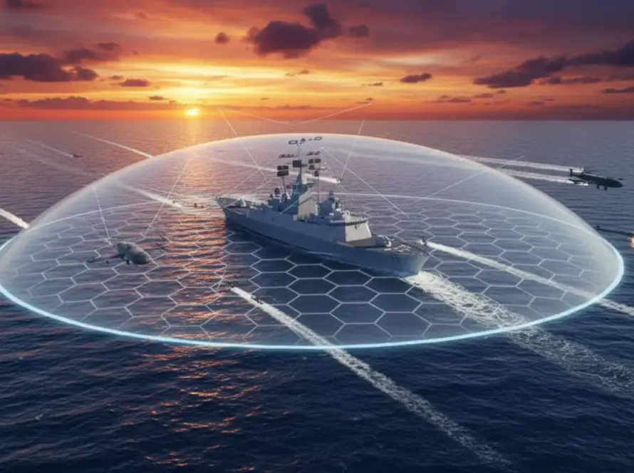 modern naval warship protected by Anti drone system