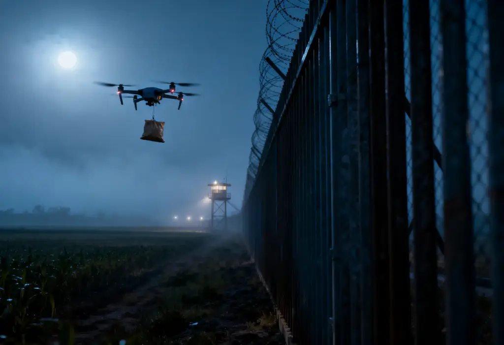 Drone flying near border fencing