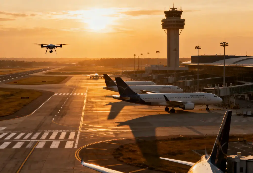 Drone flying near airport runway