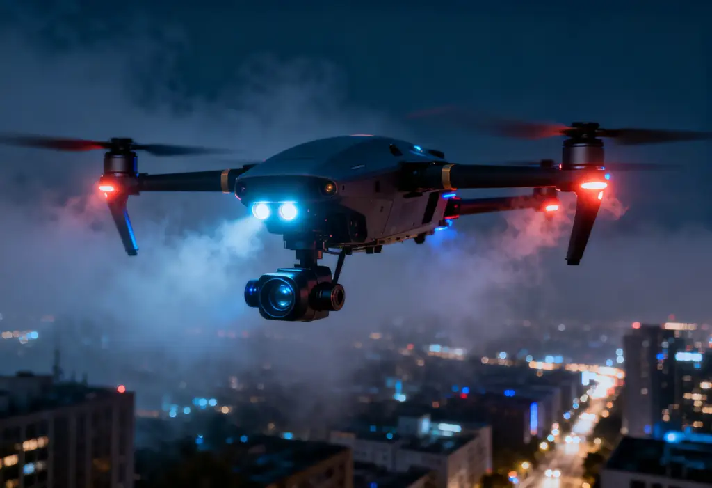 Enterprise drone flying at night over the city