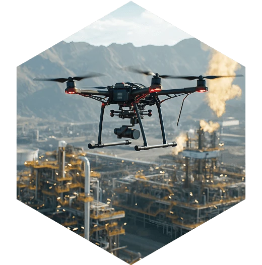 FPV drone operating above an industrial facility with mountainous terrain in the background