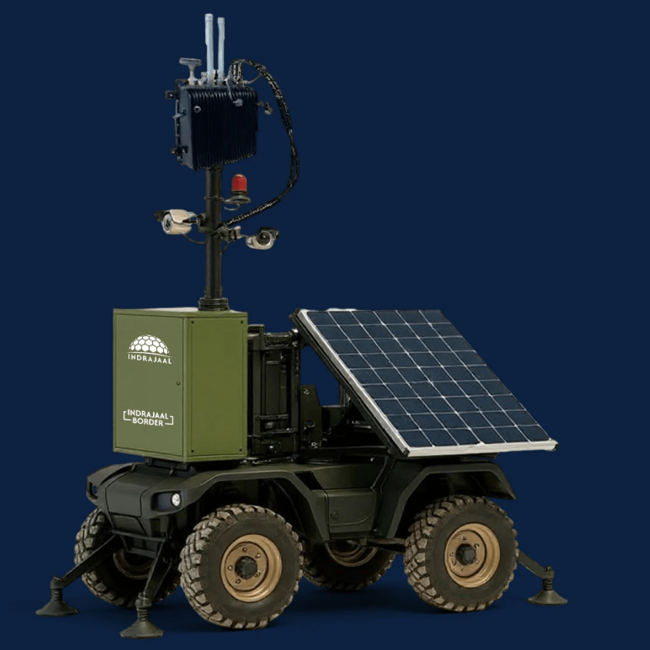 Indrajaal Border mobile counter-drone system with solar panel and aerial sensors