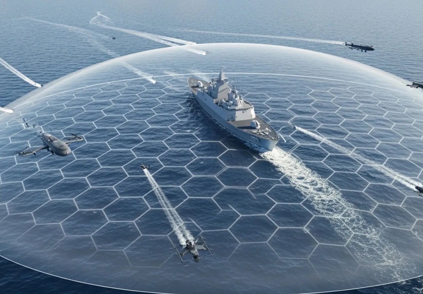 Indrajaal Maritime protecting a naval vessel from multiple drones at sea