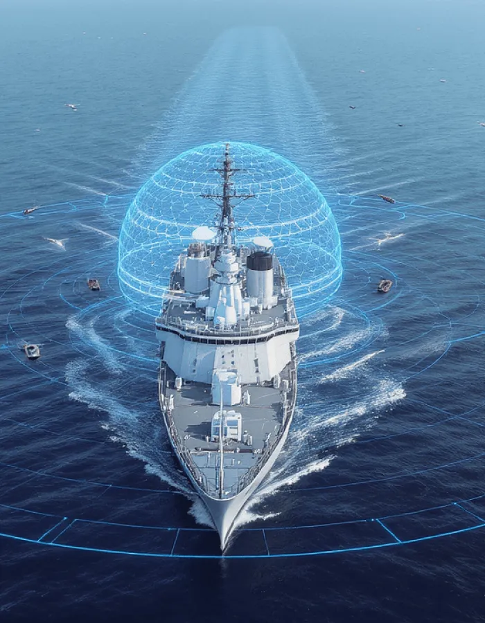 Naval vessel protected by a layered maritime drone defence zone at sea