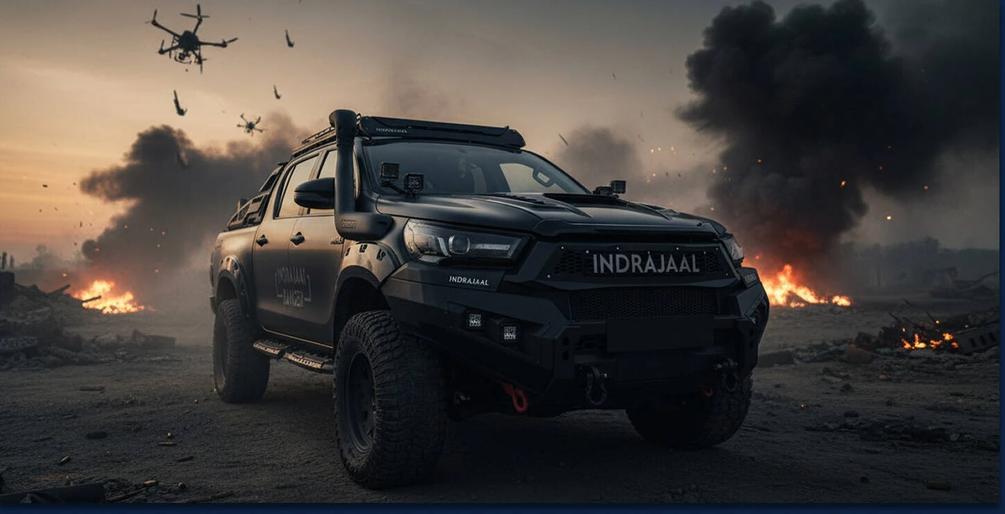 Indrajaal Ranger tactical anti-drone vehicle operating in a combat environment