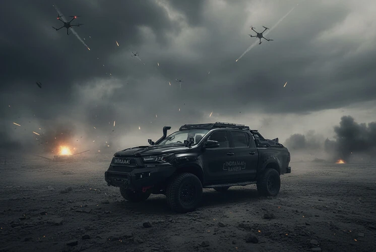Indrajaal Ranger counter-UAS vehicle operating against drone threats in a battlefield