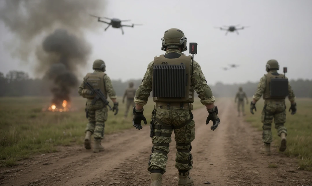 Indrajaal Trooper soldiers conducting a drone defence operation in an open field
