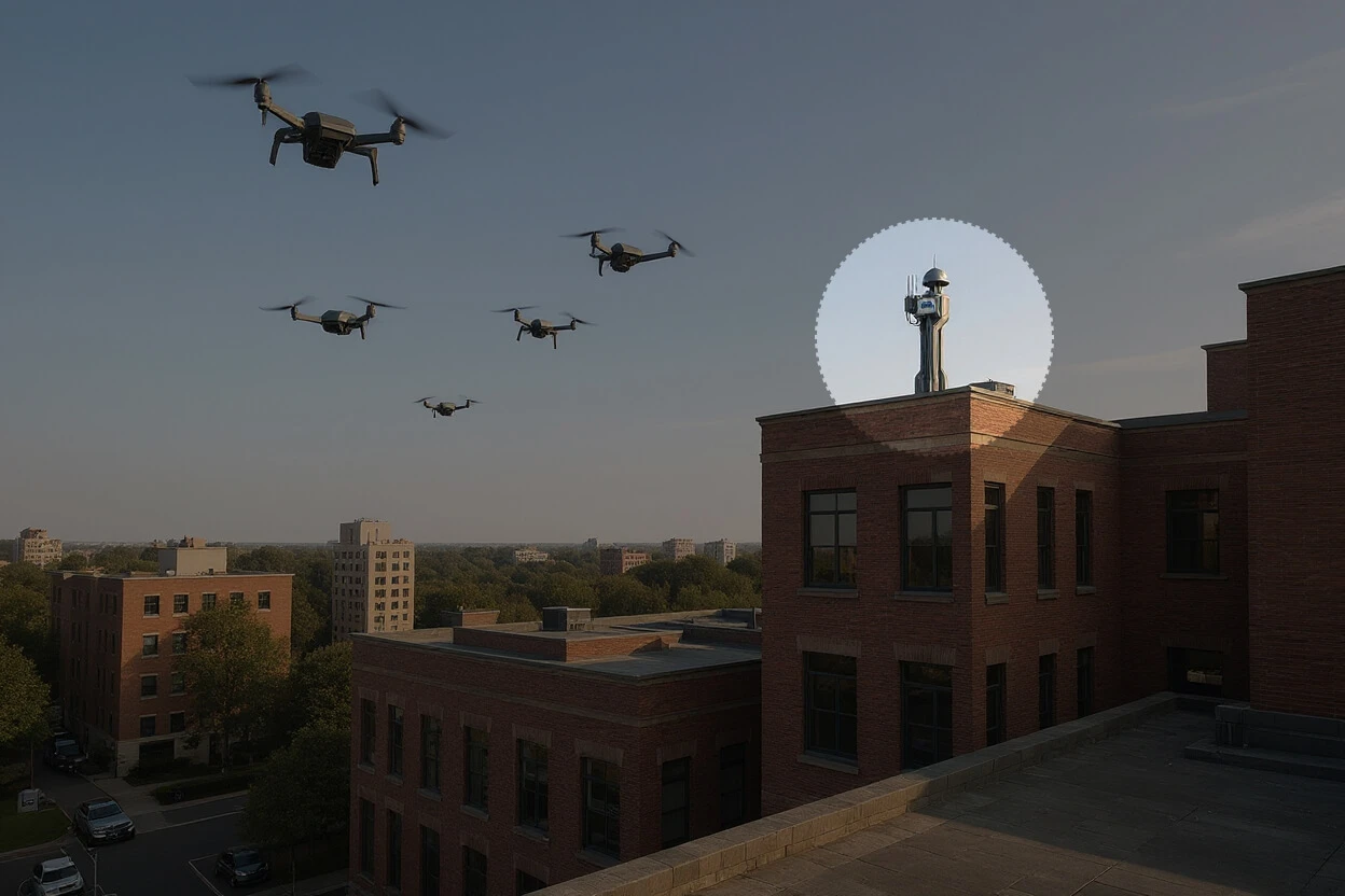 Indrajaal Urban counter drone system protecting city airspace from multiple drones