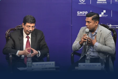Indrajaal CEO Kiran Raju speaking at Kalam & Kavach 2025