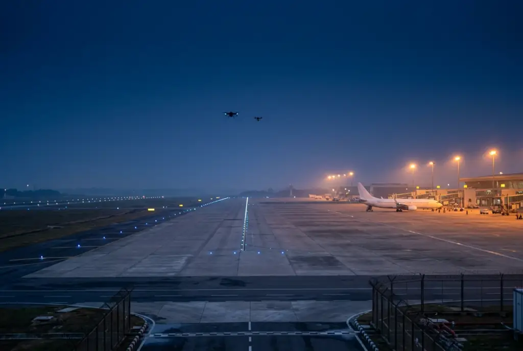Interceptor drone closing on an unauthorised drone over an airport runway, protecting critical infrastructure from drone disruption