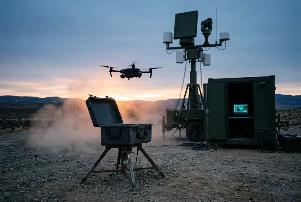 Interceptor drone launching from a ground box as radar, RF and EO/IR sensors cue it, the first step of the aerial kill chain