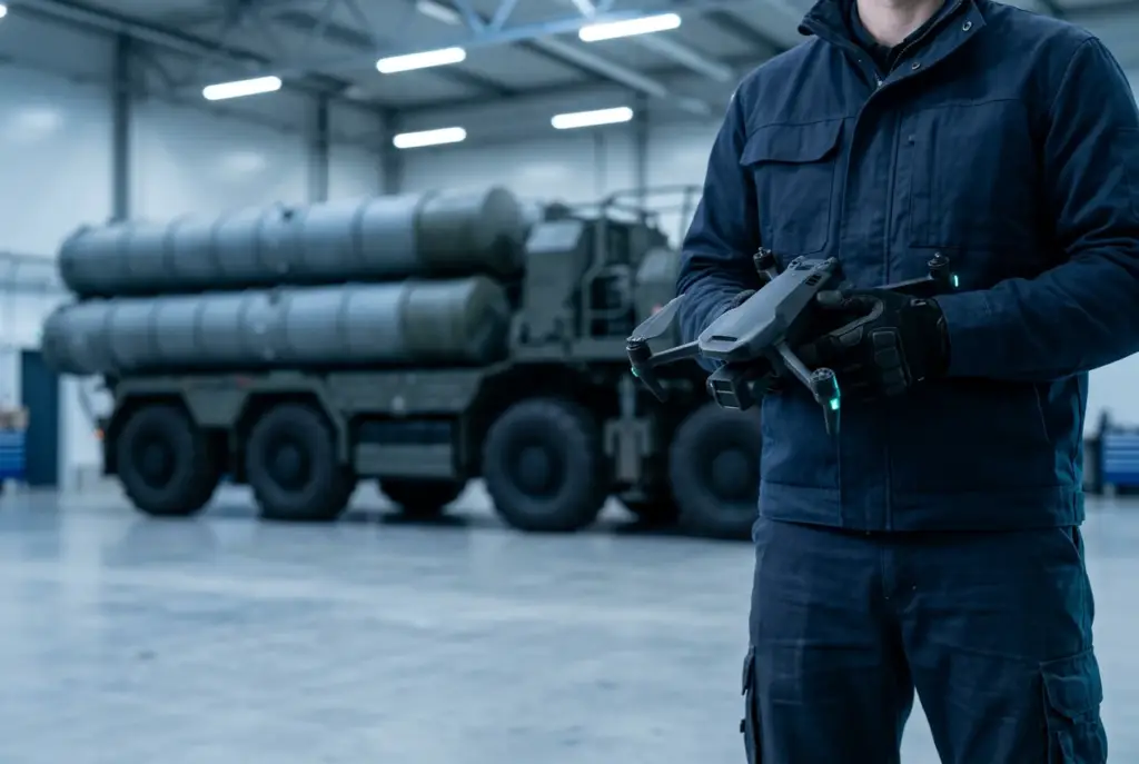 Technician holding a compact interceptor drone in front of a large missile launcher, illustrating the counter-drone cost-exchange advantage