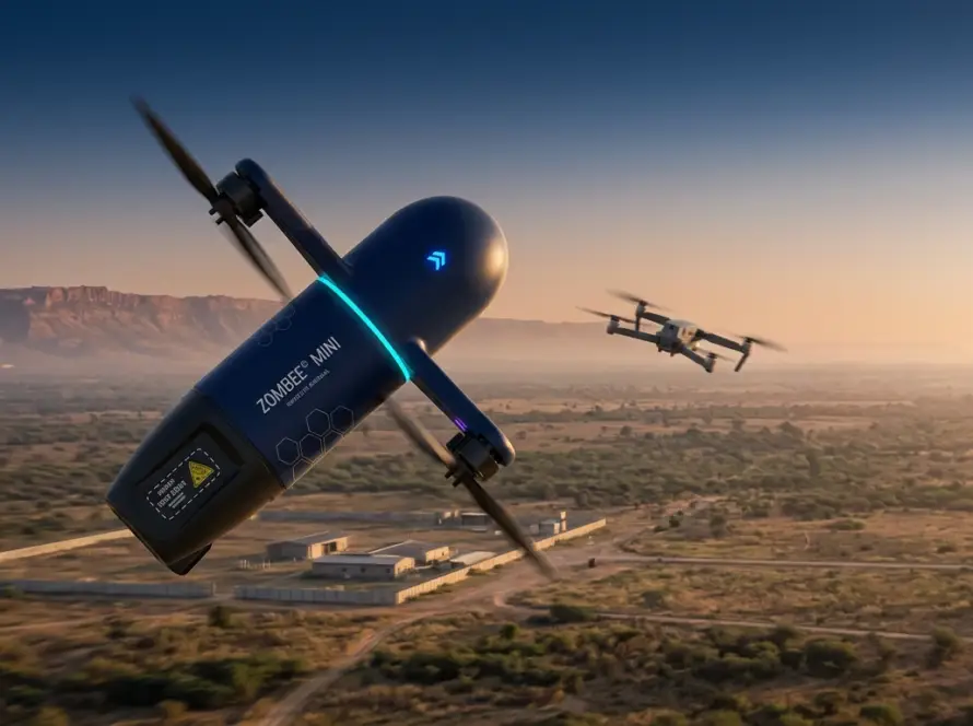 Zombee interceptor drone chasing a hostile quadcopter mid-air at dusk, showing counter-UAS air-to-air interception