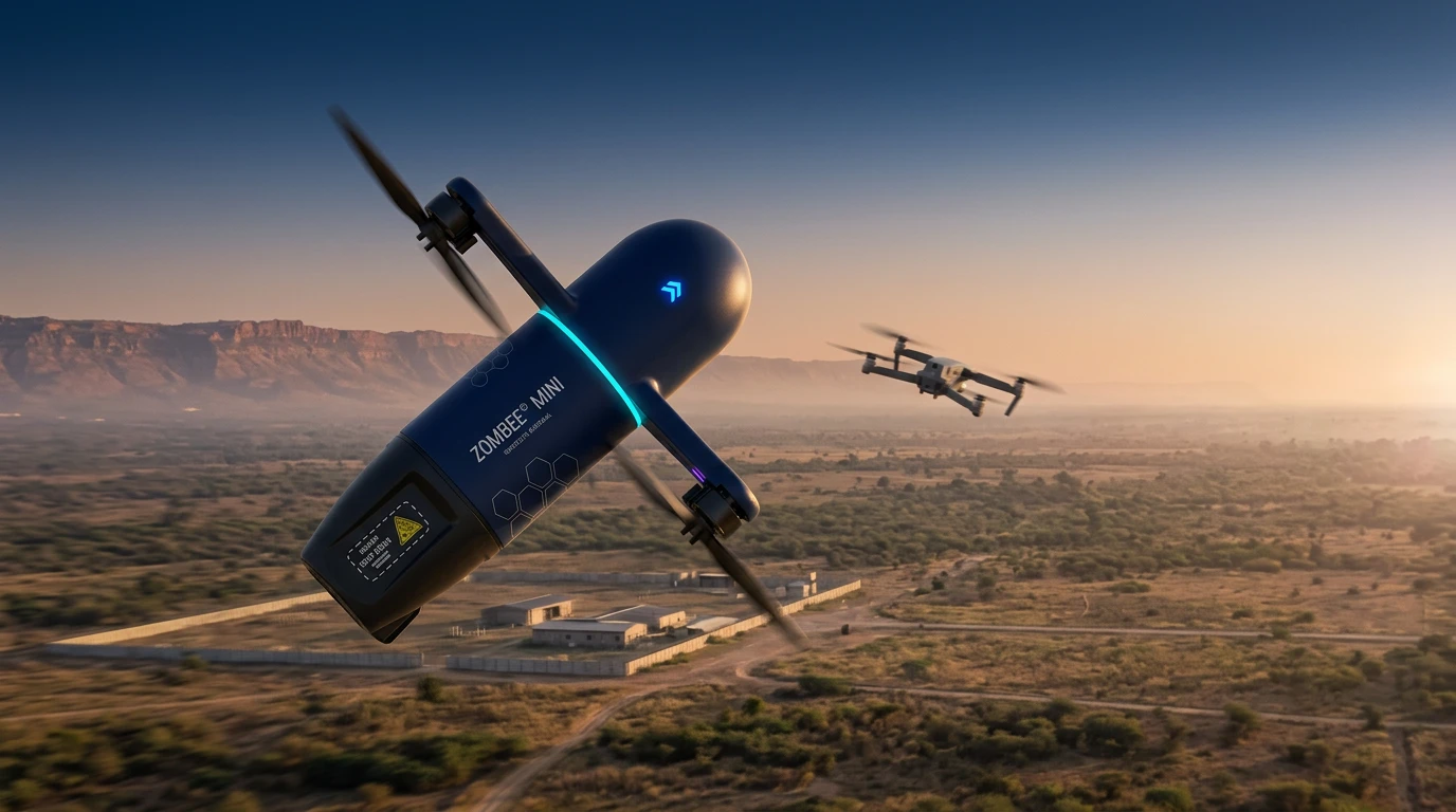 Zombee interceptor drone chasing a hostile quadcopter mid-air at dusk, showing counter-UAS air-to-air interception