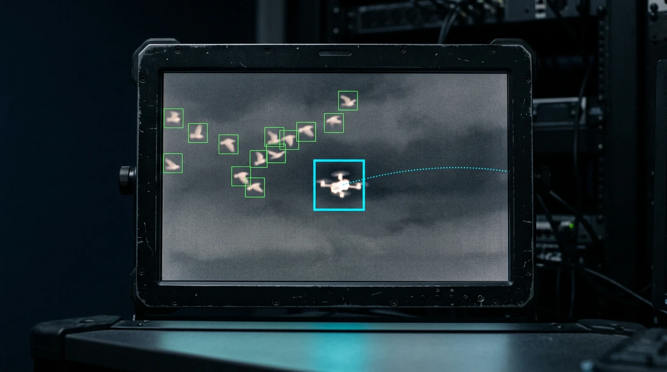Thermal camera feed where AI tracking separates a drone from a flock of birds, reducing false alarms in counter-drone systems