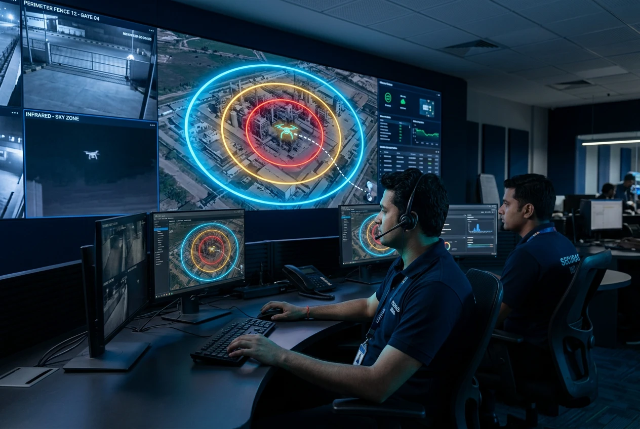 Security operators monitoring a drone approaching layered 1,500 m, 500 m and 150 m alert zones on a CUAS command and control screen