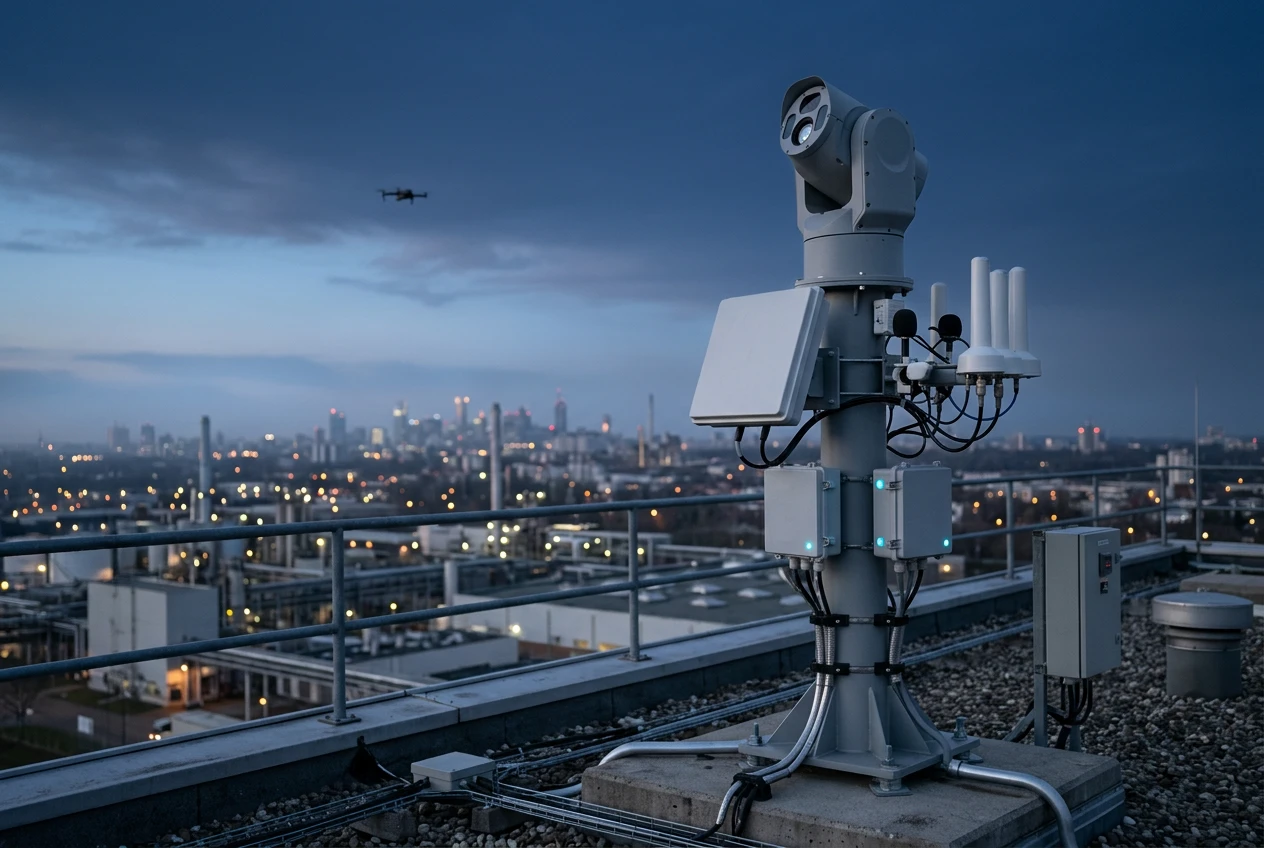 Counter-drone sensor mast with 3D radar, RF antennas and EO/IR camera on a rooftop, tracking a drone for multi-sensor detection