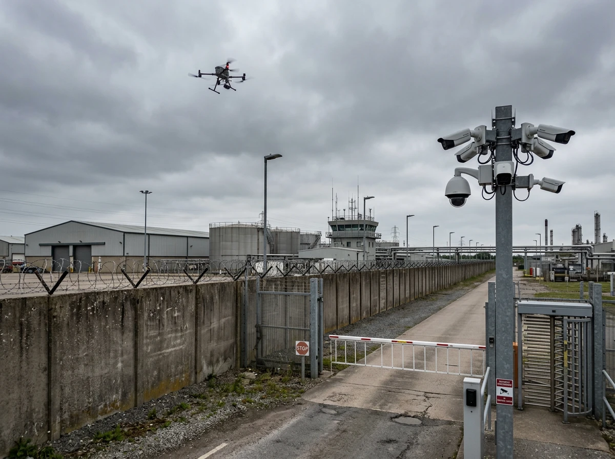 Drone flying 200 feet above a high-security gate and CCTV cameras, showing how drones bypass traditional ground perimeter security