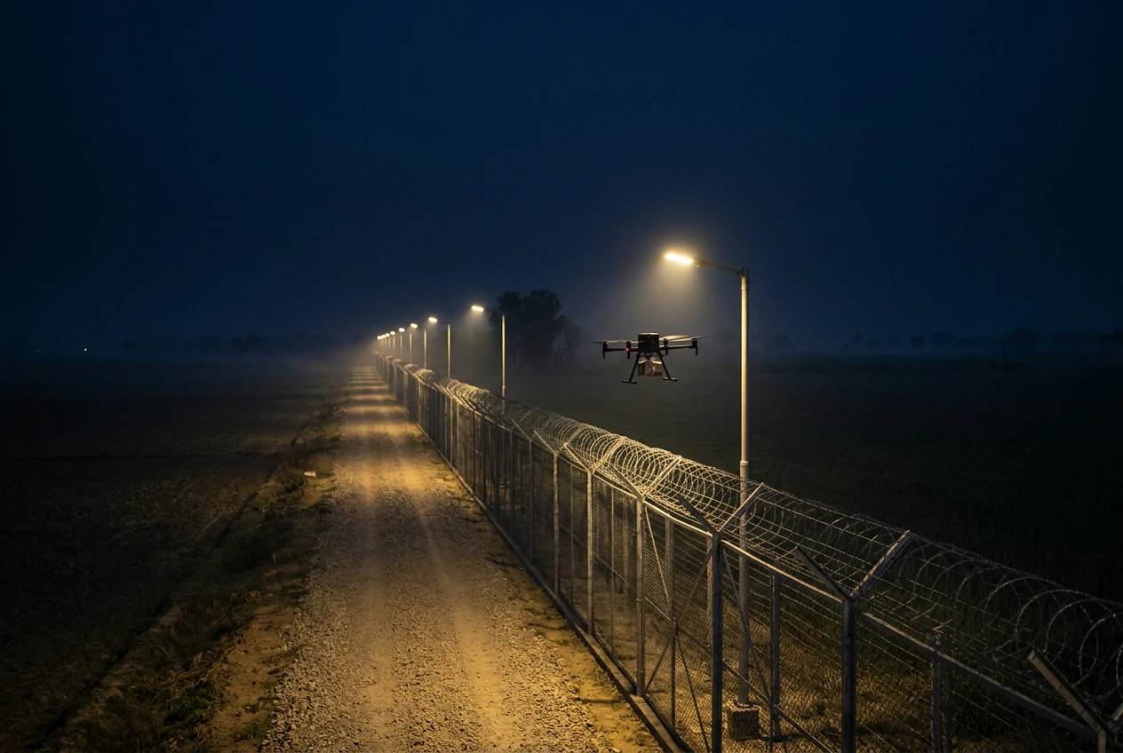 Small drone carrying a package across a floodlit border fence at night, showing low-altitude threats traditional defence misses