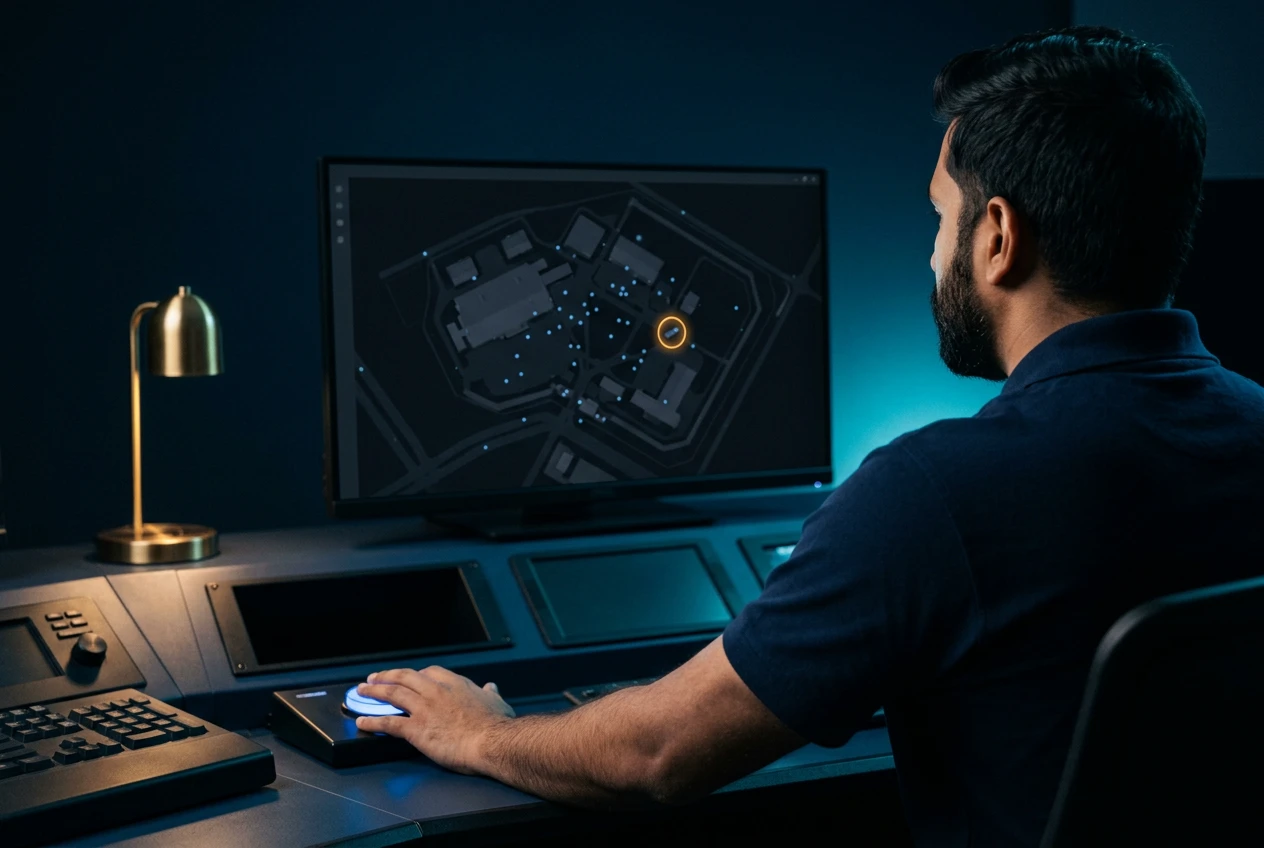 Security operator reviewing an AI-flagged drone threat on a command screen before acting, showing human judgement in AI counter-drone systems